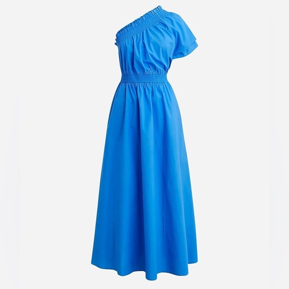 J. Crew Smocked One shoulder midi Dress in Cotton Poplin blue like new XL